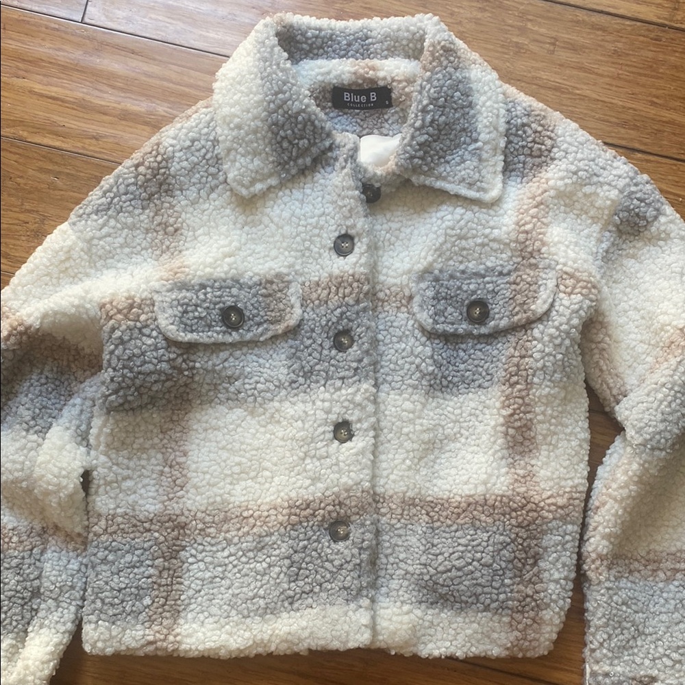 Cream and Gray Teddy Jacket with Collared Neckline